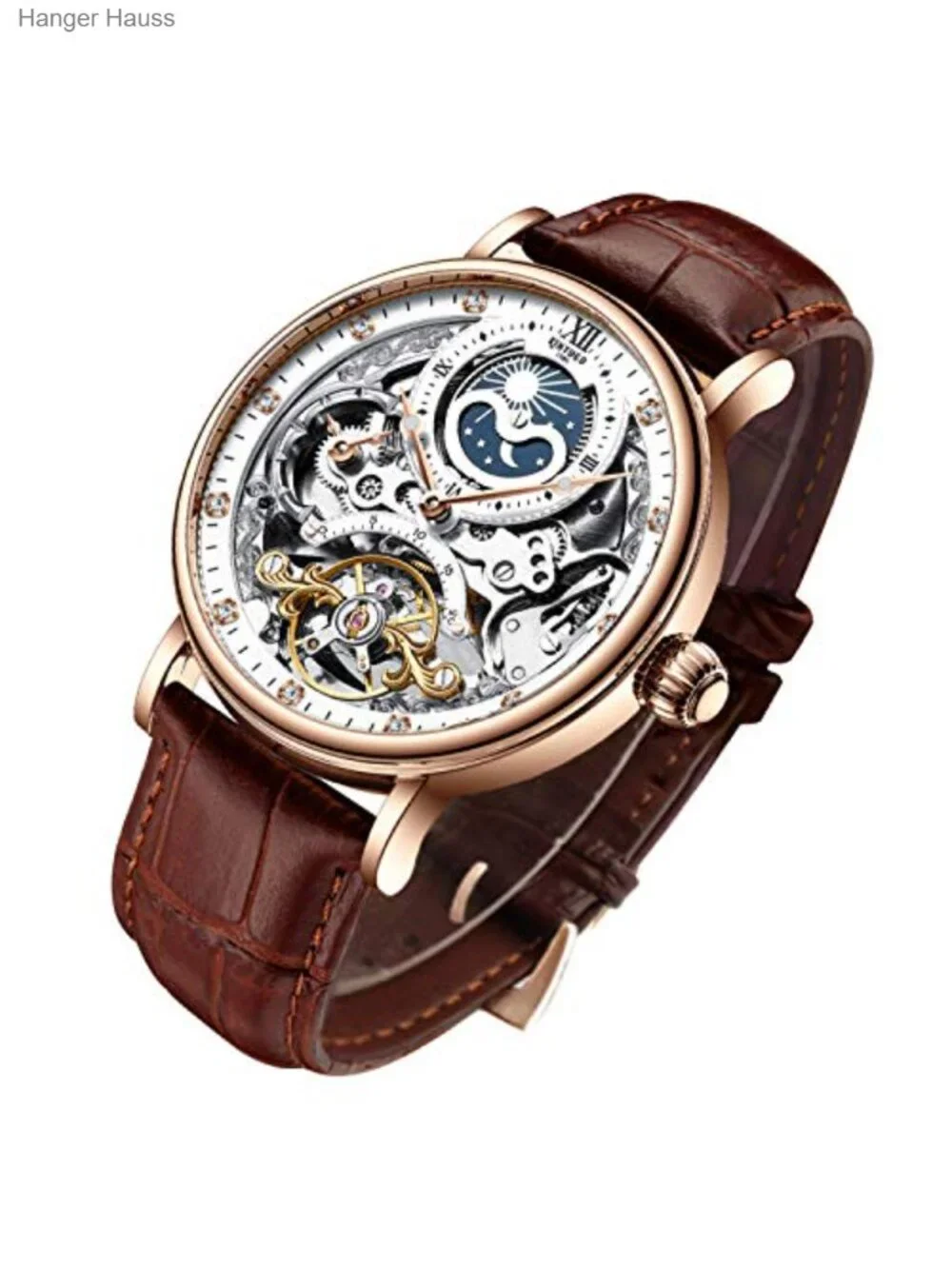 Men's Luxury Skeleton Automatic Mechanical Watch Leather Strap Moon Phase